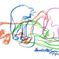 marker sketch of four cats bathing