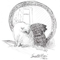 ink sketch of cat bathing in front of round mirror