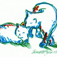 marker sketch of one cat bathing another