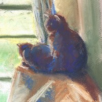 pastel sketch of two cats by window