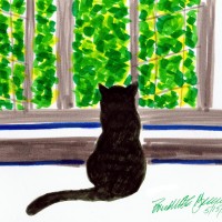 marker sketch of cat looking out window
