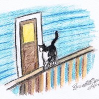 illustration of cat on railing outside door