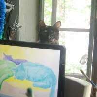 tortoiseshell cat behind computer monitor