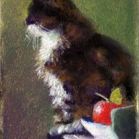 pastel sketch of cat on table with apple