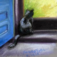 pastel sketch of cat at door