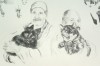 pencil sketch of person and cats