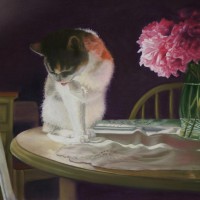 pastel painting of calico cat with peonies