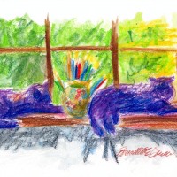 watercolor of two cats on windowsill