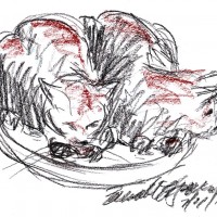 sketch of two cats on stool