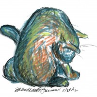 pastel sketch of cat bathing