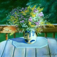 pastel painting of vase of autum wildflowers