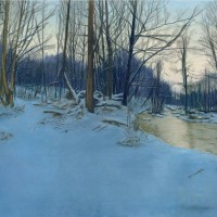 pastel painting of snowy woods