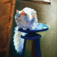 pastel painting of white cat on stool