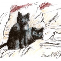 pastel sketch of two black cats