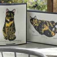 wooden trays with tortoiseshell cats