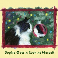 sketch of cat looking in christmas ornament