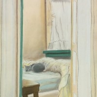 pastel painting of cat on bed