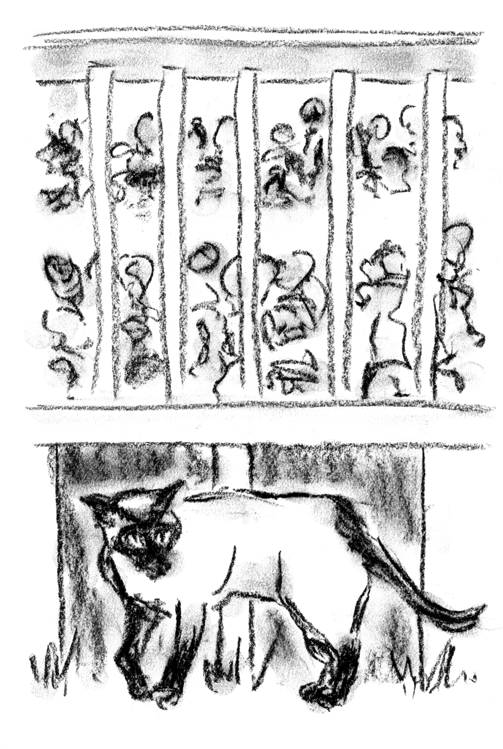 charcol sketch of cat and people