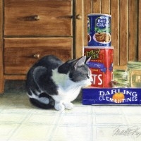 watercolor of cat in kitchen