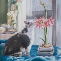 pastel portrait of cat with flowers