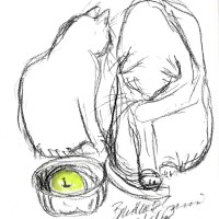 charcoal sketch of two cats with green apple in bowl