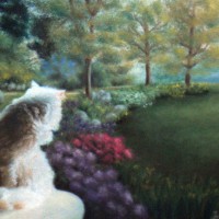 pastel portrait of cat looking out window