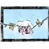 "The Spring Kitten" linoleum block print on rice paper, black ink and hand-colored with watercolors