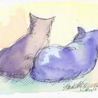 watercolor and ink sketch of two cats.