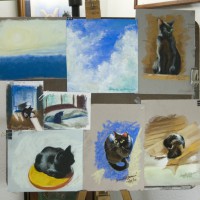 pastel sketches on easel