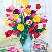watercolor painting of tulips and dog