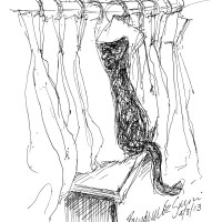 "Between the Curtains", ink technical drawing pen, 5.5" x 8.5" • Bernadette E. Kazmarski