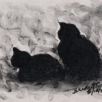 pastel sketch of two cats looking out window