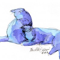 "Blue Purple Cats", ink and watercolor, 5" x 7" © Bernadette E. Kazmarski