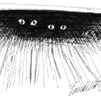 sketch of two cats under table.
