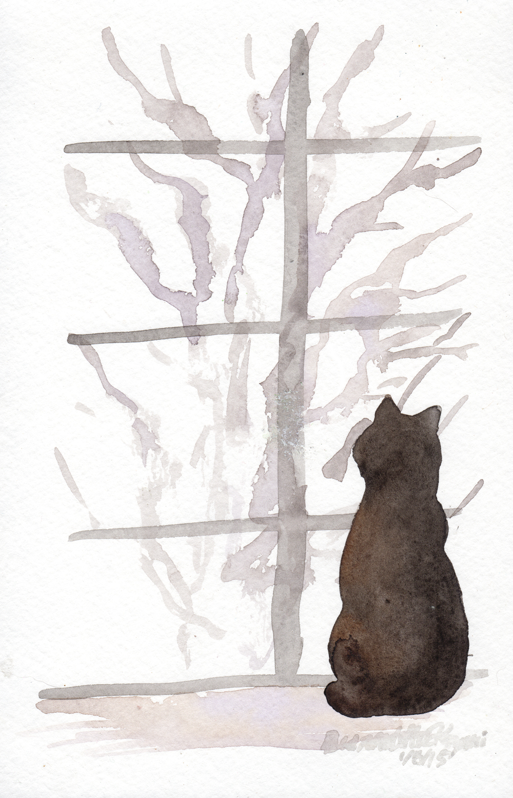 watercolor of black cat on windowsill