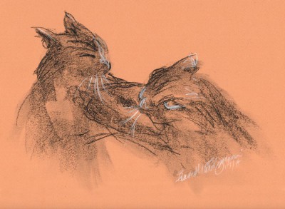 sketch of two cats wrestling, vine charcoal, compressed charcoal, white charcoal, black and white conté