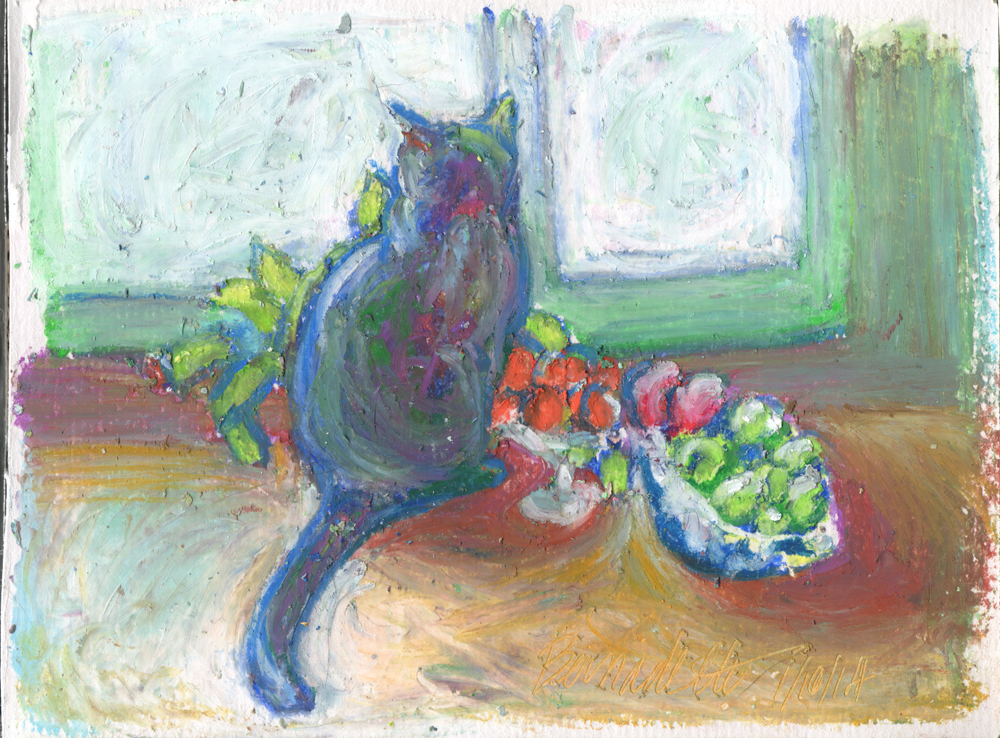 oil pastel sketch of cat looking out window