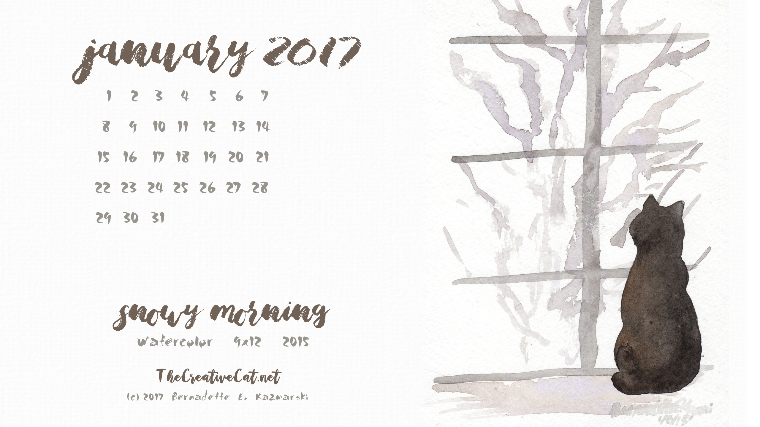 "Snowy Morning" desktop calendar 2560 x 1440 for HD and wide screens.