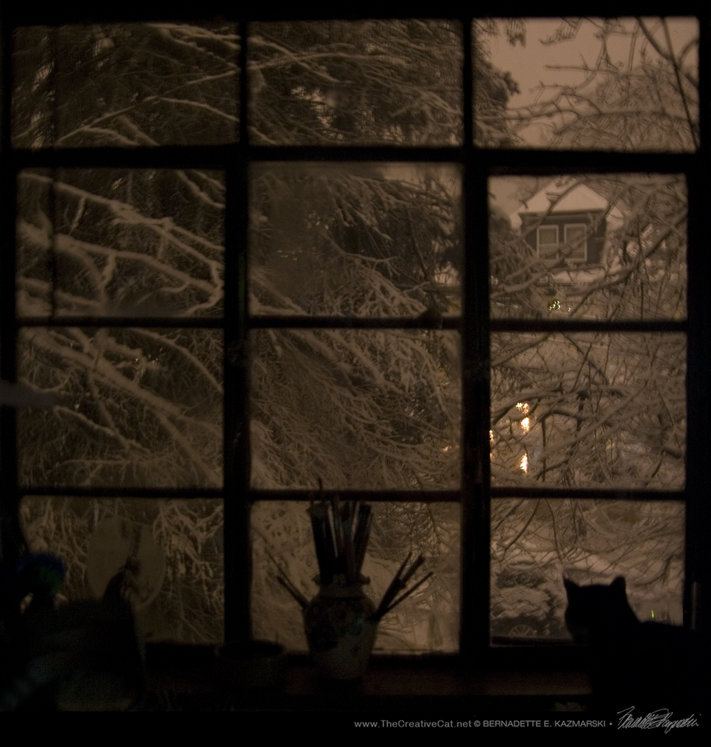 Snow at night at my studio window.