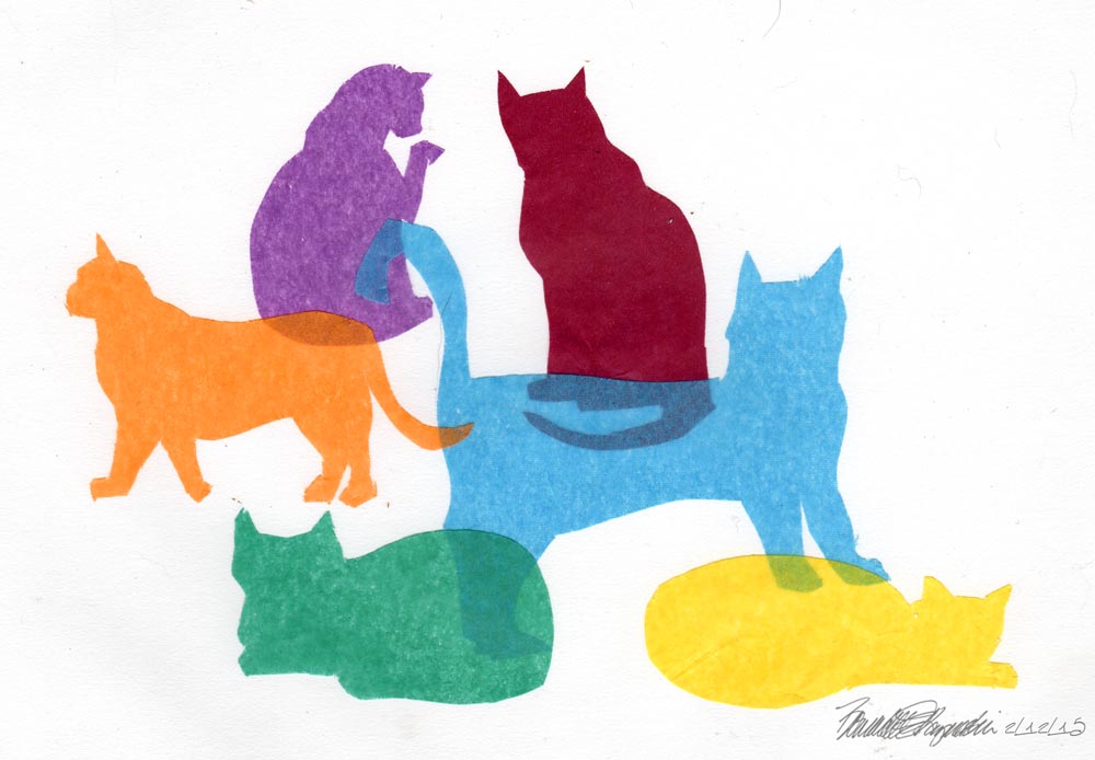"Colorful Kitties", cut tissue paper on white multimedia paper, 6.5" x 8" © Bernadette E. Kazmarski