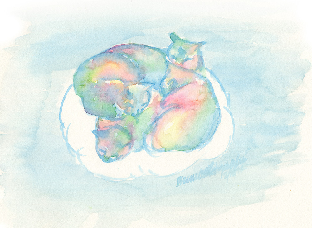 watercolor of four cats sleeping on a cloud
