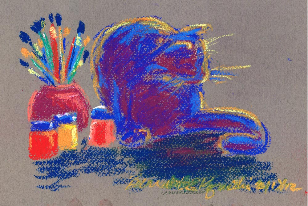 pastel drawing of cat with paints and brushes