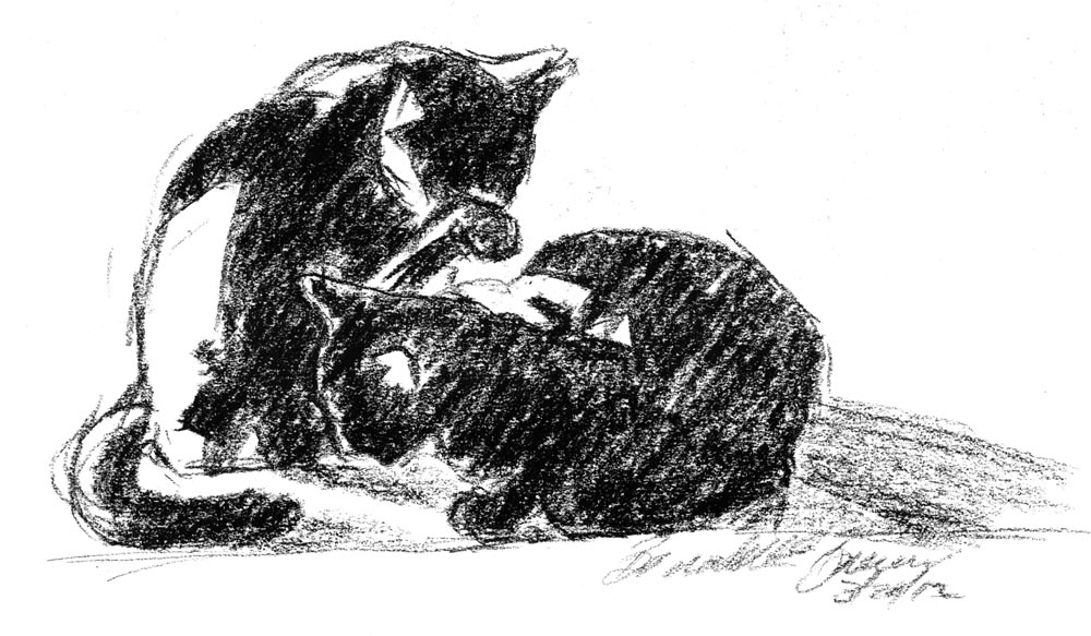 charcoal sketch of two cats