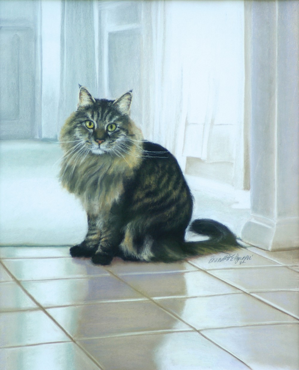 pastel portrait of main coon mix cat