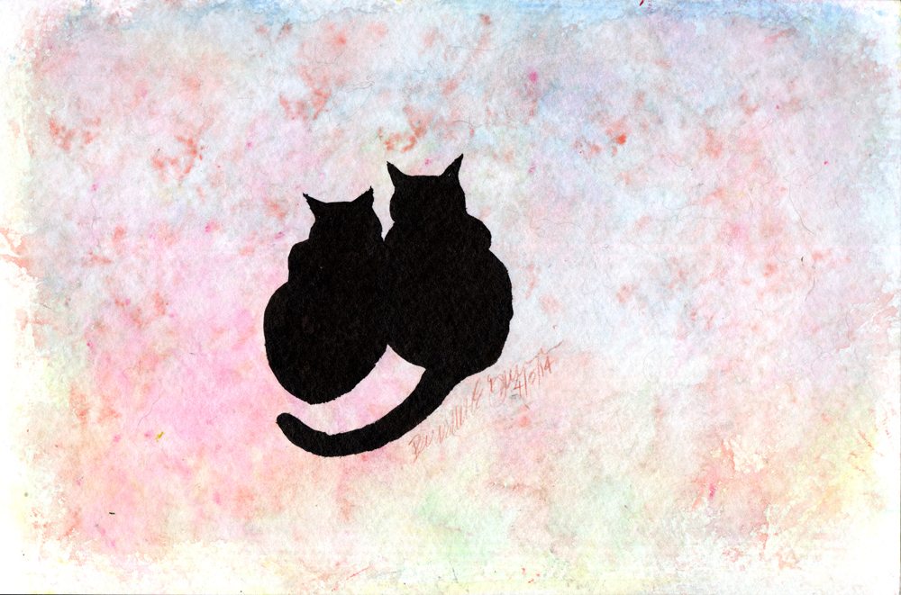 ink brush and watercolor sketch of two cats