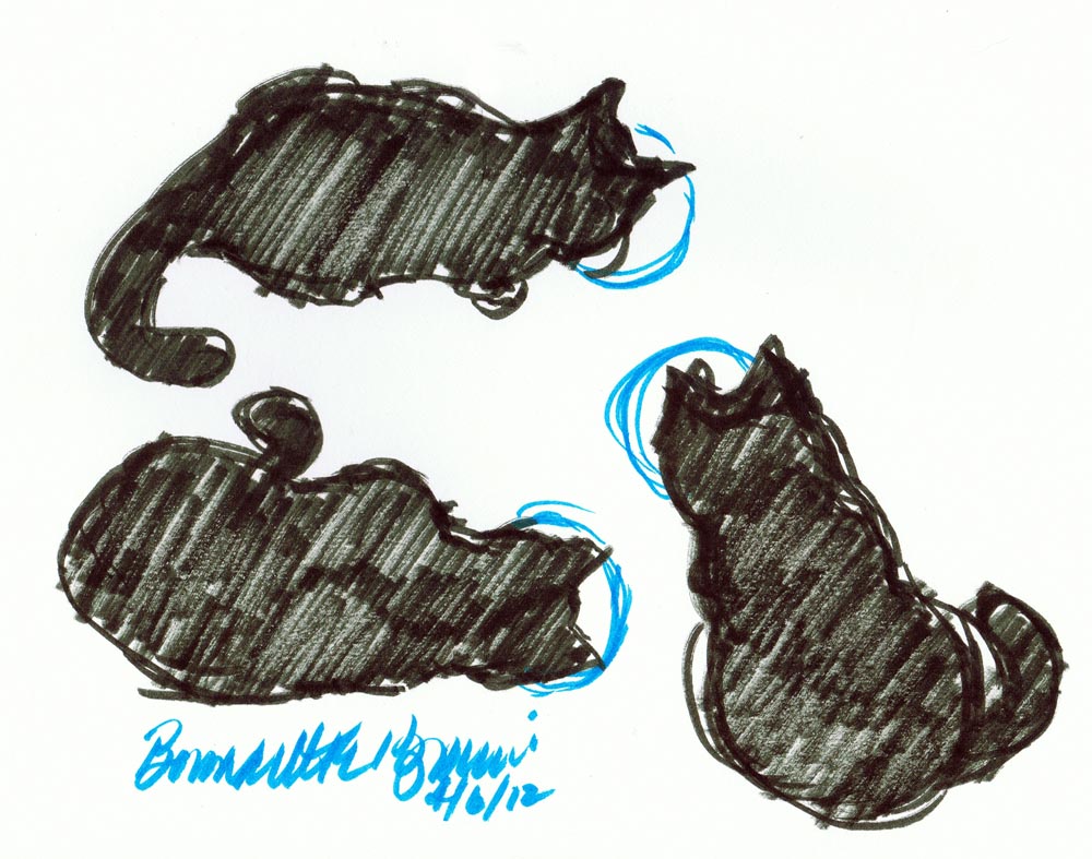 brush marker sketch of three black cats eating