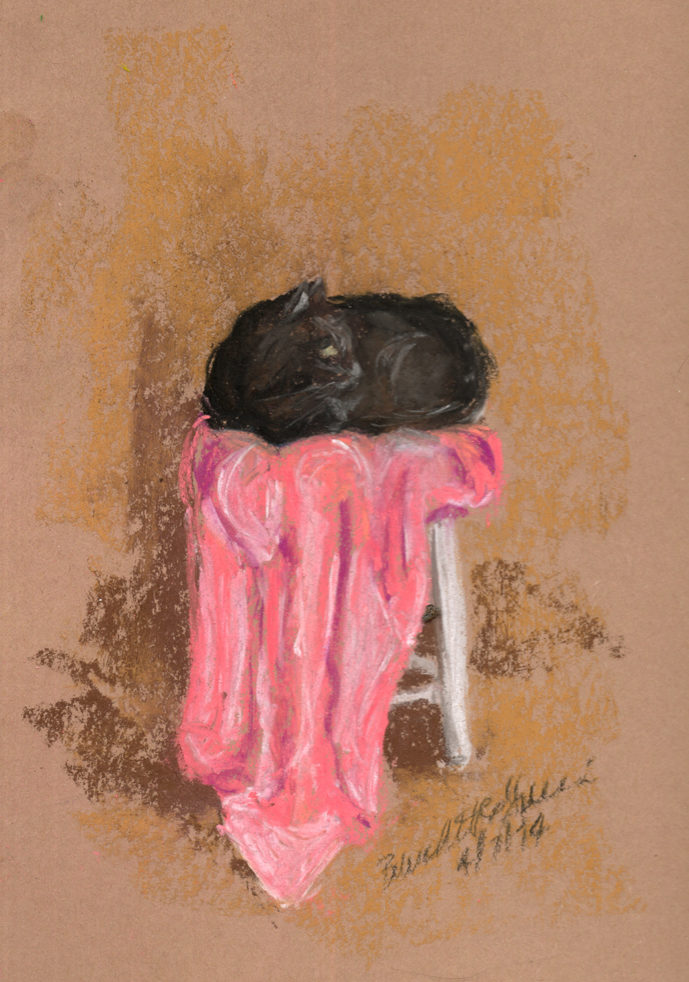 pastel sketch of black cat on pink towel