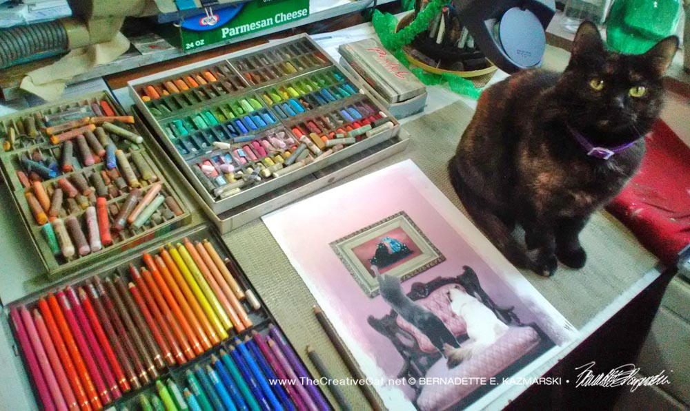 tortoiseshell cat with illustration and pastels