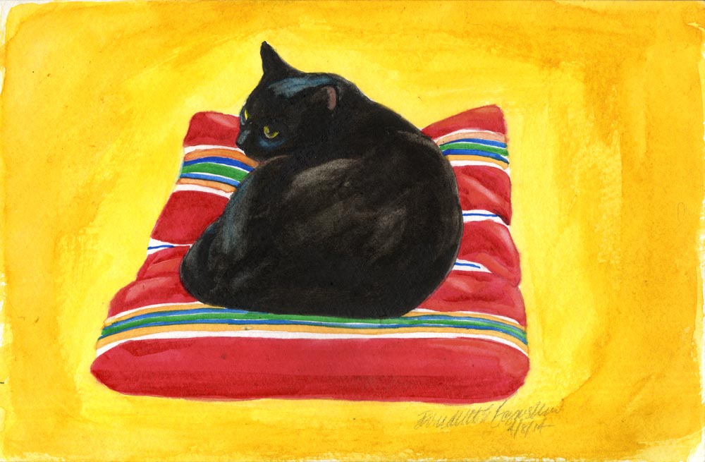 watercolor of black cat on striped pillow spanish classical guitar