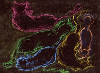 pastel sketch of cats on black paper